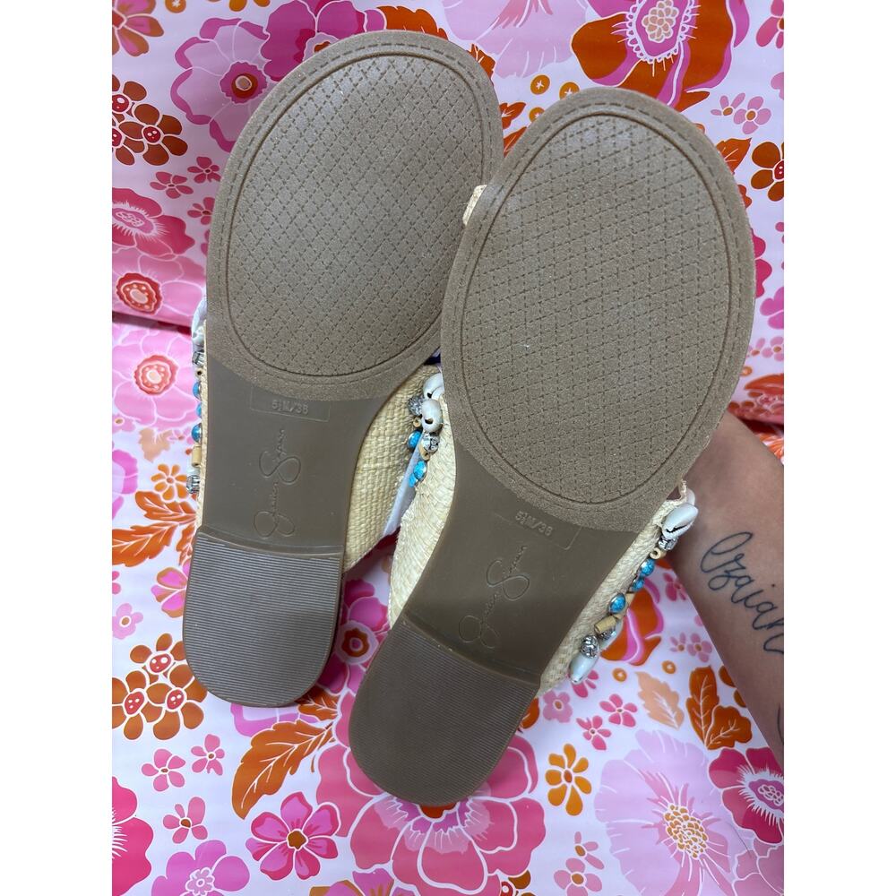 Jessica Simpson 5.5 Natural Seashell Beaded Flat Sandals Resort Vacation Coastal - Picture 4 of 4